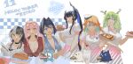  6+girls antlers black_hair blue_eyes blue_hair blush breasts ceres_fauna cleavage demon_horns english_text eyewear_on_head food gloves green_hair hair_intakes holding holding_newspaper hololive hololive_english horns hot_dog ice_cream kfp_employee_(takanashi_kiara) kronie_(ouro_kronii) long_hair looking_at_another looking_at_viewer low_twintails medium_hair mole mole_under_eye mori_calliope multicolored_hair multiple_girls nerissa_ravencroft newspaper one_eye_closed open_mouth ouro_kronii pink_eyes pink_hair red_eyes set7 shiori_novella short_hair simple_background sitting sundae takanashi_kiara tongue tongue_out tray twintails two-tone_hair two_side_up very_long_hair virtual_youtuber waitress white_gloves white_hair yellow_eyes 