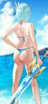  1girl alternate_costume ass bikini blue_bikini blue_hair blue_sky breasts cloud day eula_(genshin_impact) from_behind genshin_impact hair_ornament hand_on_own_hip holding holding_sword holding_weapon medium_breasts ocean outdoors short_hair sky standing swimsuit sword uenoryoma weapon 