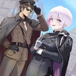  1boy 1girl black_gloves blue_eyes breasts brown_hair coat coat_on_shoulders couple glasses gloves goddess_of_victory:_nikke hand_on_own_hip happy hat highres jacket liliweiss_(nikke) looking_at_viewer medium_breasts military_hat military_jacket military_uniform necktie peaked_cap ruins sawasa shiny_eyes short_hair side_cape star-shaped_pupils star_(symbol) sunglasses symbol-shaped_pupils the_legendary_commander_(nikke) uniform white_gloves white_hair 