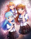  3girls black_skirt blue_eyes blue_hair blue_sailor_collar blush brown_hair cherry_blossoms closed_mouth ensemble_girls! ensemble_girls_(artist) green_eyes hassaku_tsuyuri hoshiumi_koyoi kimisaki_school_uniform long_hair looking_at_viewer minami_natsumi multiple_girls orange_hair pink_theme plaid plaid_skirt purple_eyes sailor_collar school_uniform shirt short_sleeves skirt smile white_shirt 