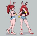  1girl akanbe amazu_(kurozu) animal_ears bare_shoulders black_shirt blue_shorts breasts cleavage cleavage_cutout closed_mouth clothing_cutout commentary grey_background hair_between_eyes hand_up highres long_hair medium_breasts multiple_views original ponytail rabbit_ears rabbit_girl rabbit_tail shadow shirt shoes short_shorts shorts signature simple_background sleeveless sleeveless_shirt standing symbol-only_commentary tail tail_through_clothes tongue tongue_out very_long_hair white_footwear yellow_eyes 