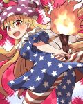  1girl blonde_hair blush clownpiece fairy fairy_wings hair_between_eyes highres holding holding_torch long_hair open_mouth red_eyes rokugou_daisuke smile solo torch touhou wings 