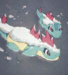  afloat arc_draws brown_eyes closed_mouth commentary_request croconaw fangs fangs_out no_humans outdoors pokemon pokemon_(creature) snow swimming totodile twitter_username water 