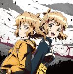  2girls artist_request closed_mouth commentary_request dual_persona expressionless hair_ornament hairclip hands_in_pockets light_brown_hair looking_at_viewer looking_to_the_side multiple_girls official_art open_mouth orange_eyes senki_zesshou_symphogear short_hair sky smile tachibana_hibiki_(symphogear) tachibana_hibiki_(symphogear)_(another) teeth upper_body upper_teeth_only 
