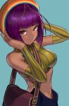  1girl :3 absurdres adjusting_hair alternate_eye_color aqua_background bangs blunt_bangs bob_cut breasts chain dark-skinned_female dark_skin detached_sleeves egyptian egyptian_clothes highres large_breasts looking_at_viewer menat navel orange_eyes purple_hair sato_one1 short_hair street_fighter street_fighter_v 