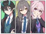  1boy 2girls :o anaketsu black_hair black_jacket blazer blue_necktie blue_vest collared_shirt column_lineup commentary dan_heng_(honkai:_star_rail) dan_heng_(imbibitor_lunae)_(honkai:_star_rail) dragon_horns earrings gradient_vest green_background green_eyes green_vest grey_hair hair_between_eyes highres honkai:_star_rail honkai_(series) horns jacket jewelry long_hair long_sleeves march_7th_(honkai:_star_rail) multicolored_hair multiple_girls necktie pink_background pink_eyes pink_hair pink_vest red_hair shirt star_(symbol) star_print stelle_(honkai:_star_rail) streaked_hair trailblazer_(honkai:_star_rail) upper_body vest white_shirt yellow_background yellow_eyes 