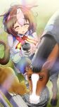  1girl ahoge animal_ears blanket blue_ribbon brown_hair cat closed_eyes commentary_request creature_and_personification cup drinking ear_ribbon ears_down fence hair_between_eyes hairband highres holding holding_cup horse horse_ears horse_girl horse_tail light_rays maru-san_(jugz4835) meisho_doto_(racehorse) meisho_doto_(umamusume) meto_(cat) multicolored_hair neck_ribbon outdoors pink_hairband real_life ribbon splashing squatting sunlight tail two-tone_hair umamusume water white_hair wooden_fence 