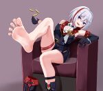  1girl :d asymmetrical_gloves barefoot belt black_belt blue_eyes boots breasts cleavage coin collared_shirt couch elbow_gloves eyelashes feet fingerless_gloves foot_focus foreshortening gloves gold_coin gold_trim grey_hair hair_between_eyes hair_ornament highres honkai:_star_rail honkai_(series) iberiko_(soinesitai) large_breasts leaning_to_the_side legs looking_at_viewer multicolored_hair on_couch open_mouth purple_background red_hair shadow shirt short_shorts shorts sidelocks single_bare_leg single_boot sitting sleeveless sleeveless_shirt smile soles solo spread_toes streaked_hair teeth thigh_strap toes topaz_(honkai:_star_rail) unworn_boots upper_teeth_only 
