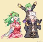  1boy 2girls :d black_gloves black_jacket blush breasts brown_background brown_eyes cape cleavage closed_eyes dress father_and_daughter fire_emblem fire_emblem_awakening gloves graysheartart green_hair grey_hair hair_ornament highres husband_and_wife jacket large_breasts long_hair looking_at_viewer looking_back morgan_(female)_(fire_emblem) morgan_(fire_emblem) mother_and_daughter multiple_girls one_eye_closed pink_cape pink_dress pointy_ears ponytail red_gloves red_ribbon ribbon robin_(fire_emblem) robin_(male)_(fire_emblem) simple_background smile tiki_(adult)_(fire_emblem) tiki_(fire_emblem) twitter_username 