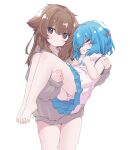  2girls :o aoi_tori bare_legs bare_shoulders barefoot blue_hair blue_skirt blush bow brown_eyes brown_hair camisole carrying closed_eyes closed_mouth cowboy_shot dot_nose grey_hoodie hair_between_eyes hair_bow highres hood hood_down hoodie long_bangs long_hair long_sleeves miniskirt multiple_girls no_pants open_mouth original panties pantyshot pleated_skirt princess_carry purple_panties sidelocks simple_background skirt sleeping sleeve_cuffs smile solo striped striped_panties thighs underwear white_background white_camisole 