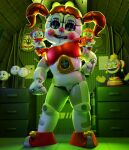  animatronic bottomless bottomwear circus_baby_(fnaf) clothed clothing clown crown doll female five_nights_at_freddy&#039;s footwear genitals green_eyes group hair headgear humanoid looking_at_viewer m0nk3y machine metallic_body plush_circus_baby_(fnaf) plushie pussy red_clothing red_footwear red_hair red_shoes robot scottgames shoes skirt solo trio white_body white_skin 