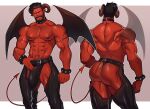  1boy abs absurdres arm_tattoo ass bara beard belt biceps black_hair bracelet choker demon_boy demon_horns demon_tail demon_wings facial_hair highres horns jewelry large_pectorals leather leather_belt leather_pants looking_at_viewer male_focus manly mature_male muscular muscular_male muto20002 nipples original pants pectorals pink_eyes pointy_ears red_eyes short_hair smirk solo spiked_bracelet spikes stomach_tattoo tail tattoo teeth thick_arms thick_thighs thighs undercut wings 