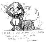  &lt;3 2023 anthro big_breasts big_butt blizzard_entertainment breasts butt canid canine cleavage clothed clothing dialogue ear_piercing english_text female fennec fox glubtastic hi_res mammal monochrome open_mouth piercing signature simple_background sketch smile solo tail tail_motion tailwag teeth text thick_thighs unknown_character vulpera warcraft 