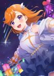  1girl absurdres birthday blush breasts commentary hair_ornament hajimari_wa_kimi_no_sora highres jacket kyaku_tatsu long_hair looking_at_viewer love_live! love_live!_superstar!! medium_breasts night night_sky orange_hair purple_eyes shibuya_kanon shooting_star signature sky smile solo sparkle star_(sky) starry_sky upper_body 