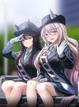  2girls :d animal_ears arm_up biwa_hayahide_(umamusume) black_hair black_headwear black_jacket black_skirt blurry blurry_background breasts brown_hair closed_mouth collared_shirt depth_of_field ears_through_headwear gloves grey_necktie hair_between_eyes horse_ears horse_girl horse_tail jacket kuzumochi_(kuzumochiya) large_breasts long_hair long_sleeves looking_at_viewer multiple_girls narita_brian_(umamusume) necktie salute sash shirt sitting skirt smile tail translation_request umamusume very_long_hair white_gloves white_shirt yellow_eyes 