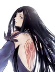  1girl back_tattoo backless_outfit bare_shoulders black_hair blue_eyes breasts castlevania castlevania:_order_of_ecclesia dress grel_(r6hgvu5) long_hair looking_at_viewer shanoa simple_background smile solo tattoo very_long_hair white_background 
