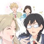  1boy 3girls :d absurdres blonde_hair braid closed_eyes fukaminagisa glasses highres iwakura_mitsumi kurume_makoto long_hair motion_blur multiple_girls murashige_yuzuki school_uniform shima_sousuke short_hair sketch skip_to_loafer smile sparkle surprised twin_braids white_background 