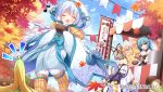  3girls :d ^_^ autumn_leaves banana_peel bell black_ribbon blue_eyes blue_hair blue_sky blush bowl breasts cleavage closed_eyes cloud day detached_sleeves eighth_note flower_knight_girl food-themed_hair_ornament grey_hair hair_bell hair_ornament hair_ribbon hatsuyukisou_(flower_knight_girl) holding holding_bowl hood hood_up japanese_clothes kimono ladle leaf long_sleeves maple_leaf market_stall multiple_girls mushroom mushroom_hair_ornament musical_note notice_lines official_art outdoors purple_skirt ribbon shide shirt sign skirt sky sleeves_past_fingers sleeves_past_wrists small_breasts smile smithiantha_(flower_knight_girl) steam strapless strapless_shirt translation_request uchikake umeko_machi white_kimono white_shirt white_sleeves wide_sleeves yakunohinaoshi_(flower_knight_girl) 