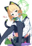  1girl :d absurdres animal_ear_headphones animal_ears black_shorts black_thighhighs blonde_hair blue_archive blue_bow bow collared_shirt commentary_request fake_animal_ears foot_out_of_frame green_eyes hair_bow halo handheld_game_console head_tilt headphones heart highres hood hood_down hooded_jacket hugging_own_legs jacket knees_together_feet_apart knees_up legs long_sleeves looking_at_viewer midori_(blue_archive) no_shoes shirt short_shorts shorts sidelocks simple_background smile solo suta0822 tail thighhighs toes white_background white_jacket white_shirt wide_sleeves 