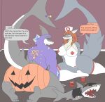  anthro big_breasts big_butt blue_eyes breasts brown_hair butt clothed clothing dialogue duo eyes_closed eyewear female fish flat_colors food fruit glasses great_white_shark grey_body hair halloween hi_res holidays hoodie huntress_(nutty_butty) john_(photolol.03) lamnid lamniform male marine muscular muscular_anthro muscular_female muscular_male nurse nurse_clothing nurse_uniform photolol.03 piercing plant plushie pumpkin shark simple_background sitting text thick_thighs topwear uniform wide_hips 