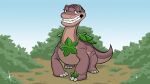  ambiguous_gender anthro detailed_background dinosaur don_bluth drawfee eyelashes feral hi_res jewelry leaf leaf_clothing lidded_eyes littlefoot nathan_yaffe necklace reptile ring_(jewelry) scalie solo tail the_land_before_time toothy_smile 