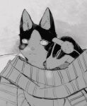  2boys animal_ears aoi_(monotone_blue) cat_boy cat_ears closed_eyes commentary earmuffs furry furry_male furry_with_furry greyscale hachi_(monotone_blue) head_on_another&#039;s_shoulder heiqi0 highres looking_to_the_side monochrome monotone_blue_(nagabe) multiple_boys reptile_boy scarf sitting slit_pupils 