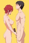  1boy 1girl abs aizawa_tomo ass bar_censor bare_shoulders blush breasts censored completely_nude erection fang futamine_kobito hetero highres kubota_junichirou large_breasts looking_down looking_up nipples nude open_mouth penis pubic_hair red_eyes red_hair short_hair sweat testicles tomo-chan_wa_onna_no_ko yellow_background 