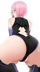  1girl absurdres arind_yudha ass back_cutout bangs bare_shoulders black_leotard black_thighhighs blush closed_mouth clothing_cutout embarrassed fate/grand_order fate_(series) from_behind highres leotard looking_at_viewer looking_back mash_kyrielight partially_visible_vulva pink_hair purple_eyes pussy_juice short_hair simple_background solo thighhighs thighs white_background 