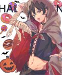  0721786 1boy :d alternate_costume bandages black_hair black_shirt candy cape commentary crop_top doughnut food halloween heterochromia hood hood_up hooded_cape hypnosis_mic jack-o&#039;-lantern lollipop mole mole_under_eye shirt short_hair smile symbol-only_commentary white_background yamada_saburo 