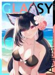  1girl animal_ear_fluff animal_ears bare_shoulders beach bikini black_bikini black_hair blue_sky blush breasts cat_ears closed_mouth cloud collarbone commentary_request cover cover_page dated day earrings email_address flower hair_flower hair_ornament hair_over_one_eye highres horizon jewelry large_breasts looking_at_viewer mole mole_under_eye navel ocean original pink_flower red_eyes red_flower sand shiro_(acad1213) sky smile solo swimsuit tail twitter_username water white_flower 