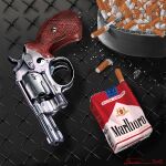  2005 ashtray cigarette cigarette_butt cigarette_pack copyright_name diamond_plate english_text gun handgun lowres marlboro no_humans original product_placement revolver screw signature smith_&amp;_wesson_model_36 snubnosed_revolver still_life terrier_of_tky too_many weapon yin_yang 