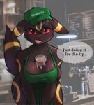  anthro anthrofied apron apron_only between_breasts beverage big_breasts black_body black_eyes black_fur breasts cleavage clothed clothing coffee coffee_cup coffee_shop container cup dialogue ears_down eeveelution female fur generation_2_pokemon hambinito hat headgear headwear hi_res looking_at_viewer markings milk multicolored_body nintendo open_mouth pivoted_ears pokemon pokemon_(species) presenting red_sclera solo speech_bubble tail teeth_showing umbreon wide_hips yellow_body yellow_markings 
