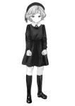  1girl alternate_costume alternate_hairstyle arms_at_sides asasow beret clenched_hands closed_mouth collared_dress commentary_request dress empire_waist expressionless greyscale hat hat_ribbon hatoba_tsugu highres kneehighs light_frown loafers long_sleeves looking_at_viewer monochrome ribbon shoes short_dress short_hair simple_background socks solo standing tsugu_(vtuber) virtual_youtuber wavy_hair 