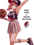  1girl arm_up ball bang_dream! baseball_cap basketball_(object) black_footwear black_headwear blush breasts green_eyes grey_skirt hat highres holding holding_ball looking_at_viewer medium_breasts national_basketball_association open_mouth pink_hair portland_trail_blazers shoes simple_background skirt smile sneakers solo uehara_himari watch white_background wristwatch yazawa_happyaro 