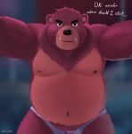 2023 anthro barely_visible_genitalia barely_visible_penis bear belly black_nose brown_body brown_fur clothing dialogue english_text fur genitals hi_res male mammal moobs navel nipples overweight overweight_male penis solo text underwear warmbrr 