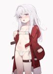  1girl bikini blush breasts clara_(honkai:_star_rail) coat eyepatch_bikini grey_hair healthyman highres honkai:_star_rail honkai_(series) long_hair long_sleeves looking_at_viewer open_clothes open_coat open_mouth pink_eyes red_coat side-tie_bikini_bottom simple_background small_breasts solo sweat swimsuit thigh_strap white_bikini 