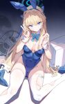  1girl absurdres animal_ears blonde_hair blue_archive blue_leotard breasts cleavage etoile fake_animal_ears highres leotard long_hair looking_at_viewer official_alternate_costume playboy_bunny rabbit_ears sitting solo thighhighs toki_(blue_archive) toki_(bunny)_(blue_archive) v white_thighhighs 