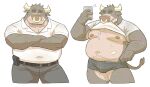  2023 absurd_res anthro belly big_belly bottomwear bovid bovine cattle cellphone clothing facial_piercing hi_res humanoid_hands kemono male mammal moobs navel nipples nose_piercing nose_ring overweight overweight_male pants peekeroro phone piercing ring_piercing shirt simple_background smartphone solo topwear white_background 