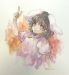  1girl arm_above_head black_hair brown_eyes copyright_request dated highres inaba_tewi one-hour_drawing_challenge painting_(medium) shiroma_(mamiko) short_hair touhou traditional_media watercolor_(medium) white_background 