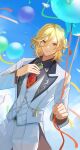  1boy balloon black_shirt blonde_hair blue_sky buttons chinese_commentary closed_mouth cloud coattails collared_shirt commentary_request confetti cowboy_shot day earrings formal genshin_impact gold_trim hair_between_eyes hands_up highres holding holding_balloon jacket jewelry kaveh_(genshin_impact) kaveh_(gigo)_(genshin_impact) lapels long_hair long_sleeves looking_at_viewer male_focus necktie official_alternate_costume open_clothes open_jacket outdoors pants parted_bangs red_eyes red_necktie shirt sidelocks sky slime_(genshin_impact) smile solo standing streamers suit vest white_jacket white_pants white_vest wing_collar yiyiyiyi670 