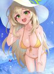  2girls 82jhin :d absurdres bare_shoulders bikini blonde_hair blue_archive blue_sky breasts cloud commentary_request day green_eyes hand_up hat highres large_breasts leaning_forward long_hair looking_at_viewer multiple_girls navel nonomi_(blue_archive) sky smile solo_focus stomach sun_hat swimsuit thighs very_long_hair wading water white_headwear yellow_bikini 