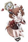  1girl :d absurdres bare_shoulders breasts brown_eyes brown_hair character_request cleavage highres horns looking_at_viewer ocha_(popopogg) pleated_skirt pointy_ears sandals simple_background skirt smile socks solo tabi twintails white_background white_socks 