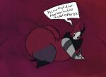  anthro ass_up bed big_butt black_tuft butt chubby_anthro chubby_male dialogue digital_drawing_(artwork) digital_media_(artwork) drymm furniture gradient_background hollow_knight huge_butt lying male mask nauiho neck_tuft simple_background slightly_chubby solo speech_bubble striped_arms team_cherry tuft white_mask 