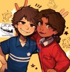  1boy 1girl artist_name brown_eyes brown_hair cassie_(fnaf) child collared_shirt dabi_bill dark-skinned_female dark_skin female_child five_nights_at_freddy&#039;s five_nights_at_freddy&#039;s:_security_breach five_nights_at_freddy&#039;s:_security_breach:_ruin gregory_(fnaf) male_child orange_eyes shirt smile troll_face v 