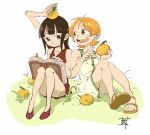  2girls aged_down bare_shoulders black_eyes black_hair blunt_bangs book brown_dress brown_footwear closed_mouth collarbone dress english_commentary erenaibiyu219 female_child food fruit full_body grass green_dress highres holding holding_book holding_food looking_at_another mandarin_orange multiple_girls nami_(one_piece) nico_robin one_piece open_book open_mouth orange_eyes orange_hair sandals short_hair sidelocks signature sitting sleeveless sleeveless_dress smile white_background 