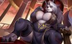  anthro areola_outline big_breasts breasts canid canid_demon canine canis claws clothing demon dress female hellhound helluva_boss hi_res huge_breasts legwear loona_(helluva_boss) mammal ocaritna paws red_sclera sitting slightly_chubby solo stockings wolf 