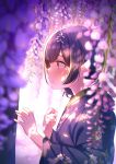  1girl black_hair blurry blush falling_petals floral_print flower hair_between_eyes hair_bun highres idolmaster idolmaster_shiny_colors japanese_clothes kimono long_sleeves morino_rinze niwachichi_(maekawasan) parted_lips petals red_eyes short_hair solo sunlight wisteria 