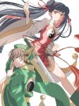  1boy 1girl black_hair brown_eyes brown_hair cardcaptor_sakura chinese_clothes cousins double_bun feet_out_of_frame fighting_stance floating_hair green_headwear hair_bun hair_ribbon highres holding holding_sword holding_weapon li_meiling li_xiaolang long_hair long_sleeves looking_at_viewer ofuda ribbon rii2a77ru short_hair simple_background smile sword twintails twitter_username upper_body weapon white_background yin_yang yin_yang_print 