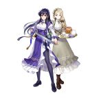  2girls absurdres apron asatani_tomoyo ayra_(fire_emblem) ayra_(tea_party)_(fire_emblem) belt belt_pouch black_hair blonde_hair bottle breasts bucket cake closed_mouth commentary_request cup dress earrings fingernails fire_emblem fire_emblem:_genealogy_of_the_holy_war fire_emblem:_three_houses fire_emblem_heroes flower food frills full_body glass_bottle highres holding holding_tray holding_weapon jewelry long_skirt long_sleeves looking_at_viewer maid maid_headdress medium_breasts mercedes_von_martritz mercedes_von_martritz_(tea_party) multiple_girls official_art pantyhose pouch puffy_sleeves purple_eyes serious shoes side_slit skirt smile standing teacup teapot tray weapon white_background wrist_cuffs 