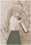  1girl absurdres blonde_hair brown_background chisato_charme closed_mouth collared_shirt commentary from_side green_eyes green_skirt hands_up highres holding holding_instrument instrument keyboard_(instrument) long_hair melodica original plant ponytail shirt shirt_tucked_in sideways_mouth skirt sleeves_rolled_up smile solo standing vines white_shirt 